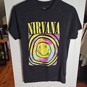 NIRVANA Black Tee with Yellow Logo and Multicolor Tie-Dye Smiley